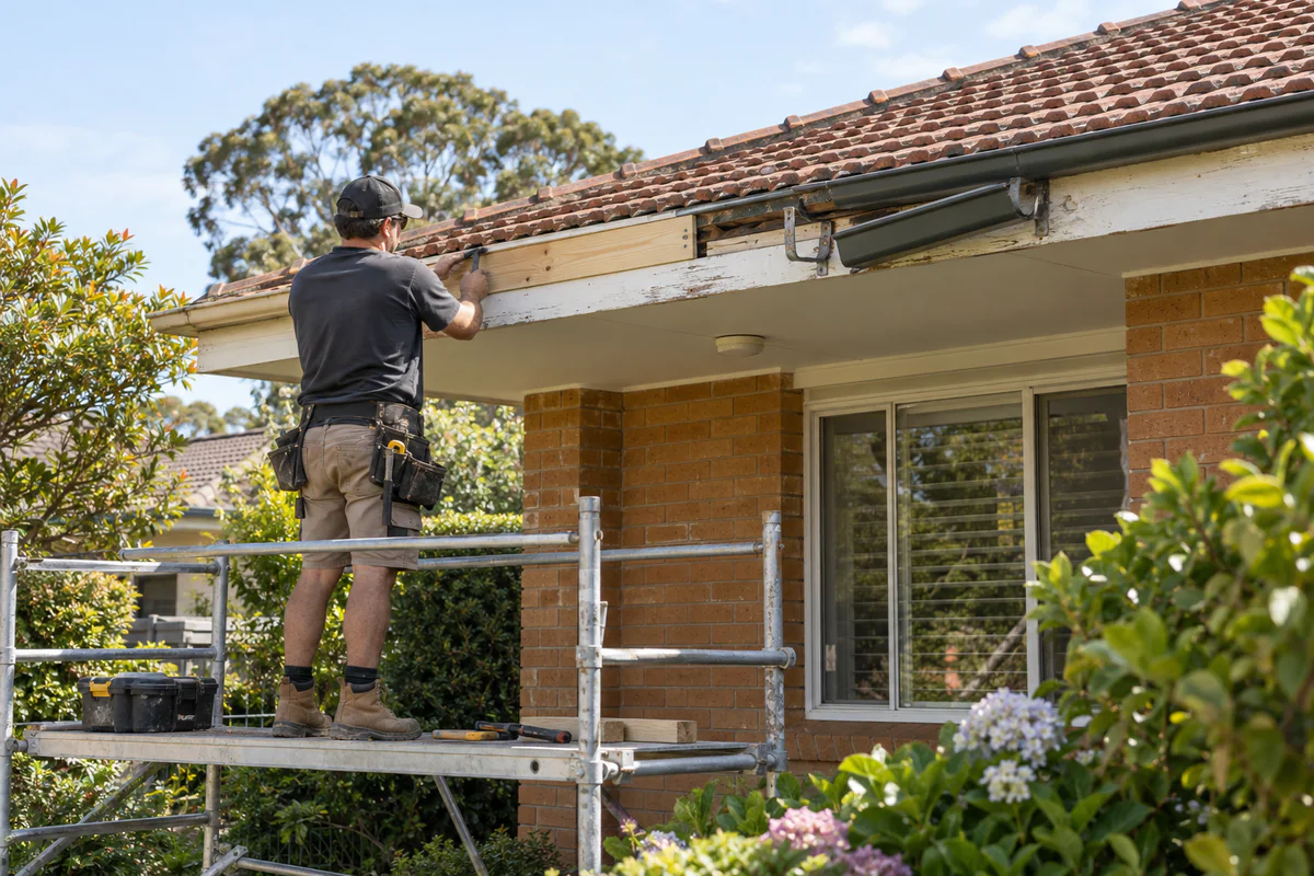 Local timber fascia repair below a tiled roof edge