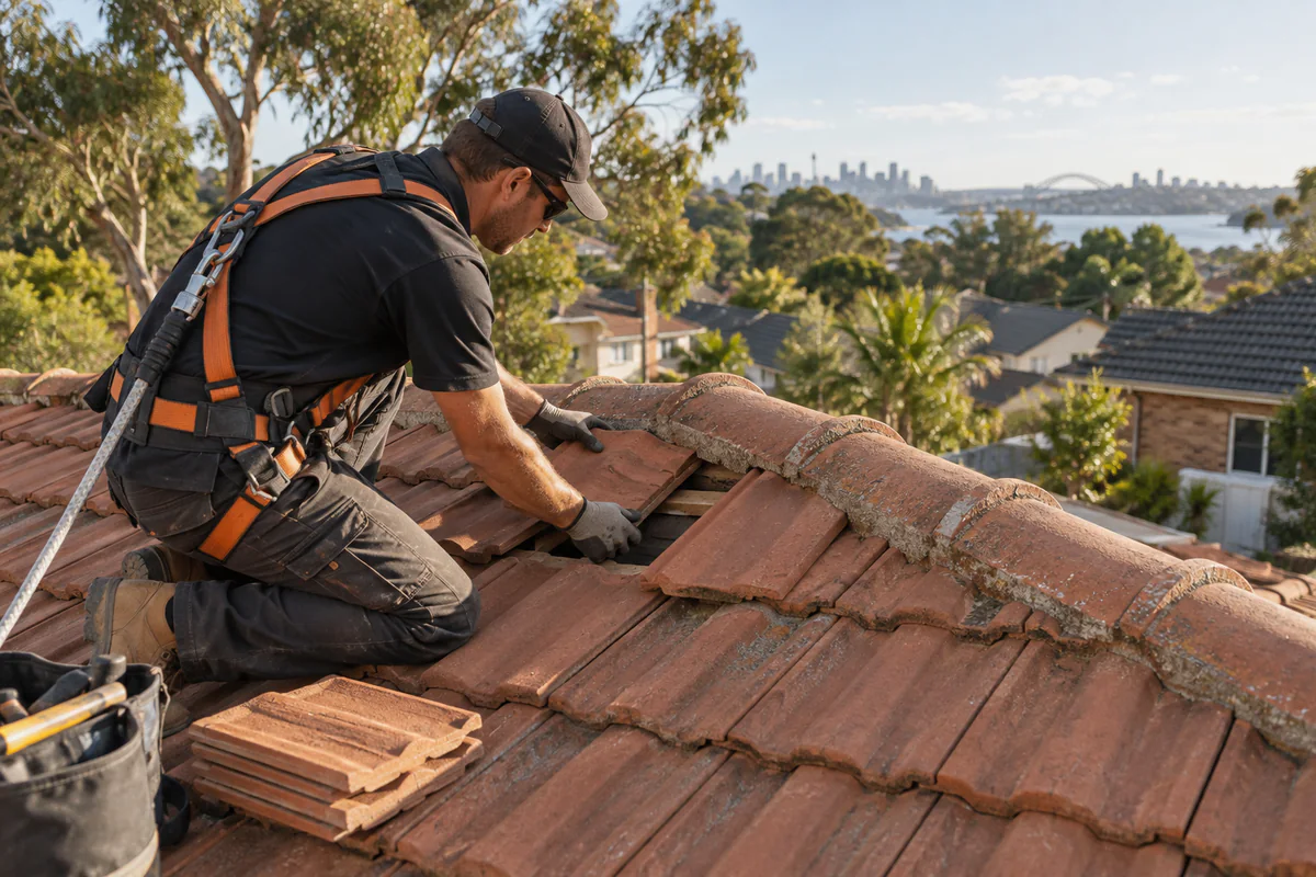 Roofer replacing damaged terracotta tiles near a roof ridge