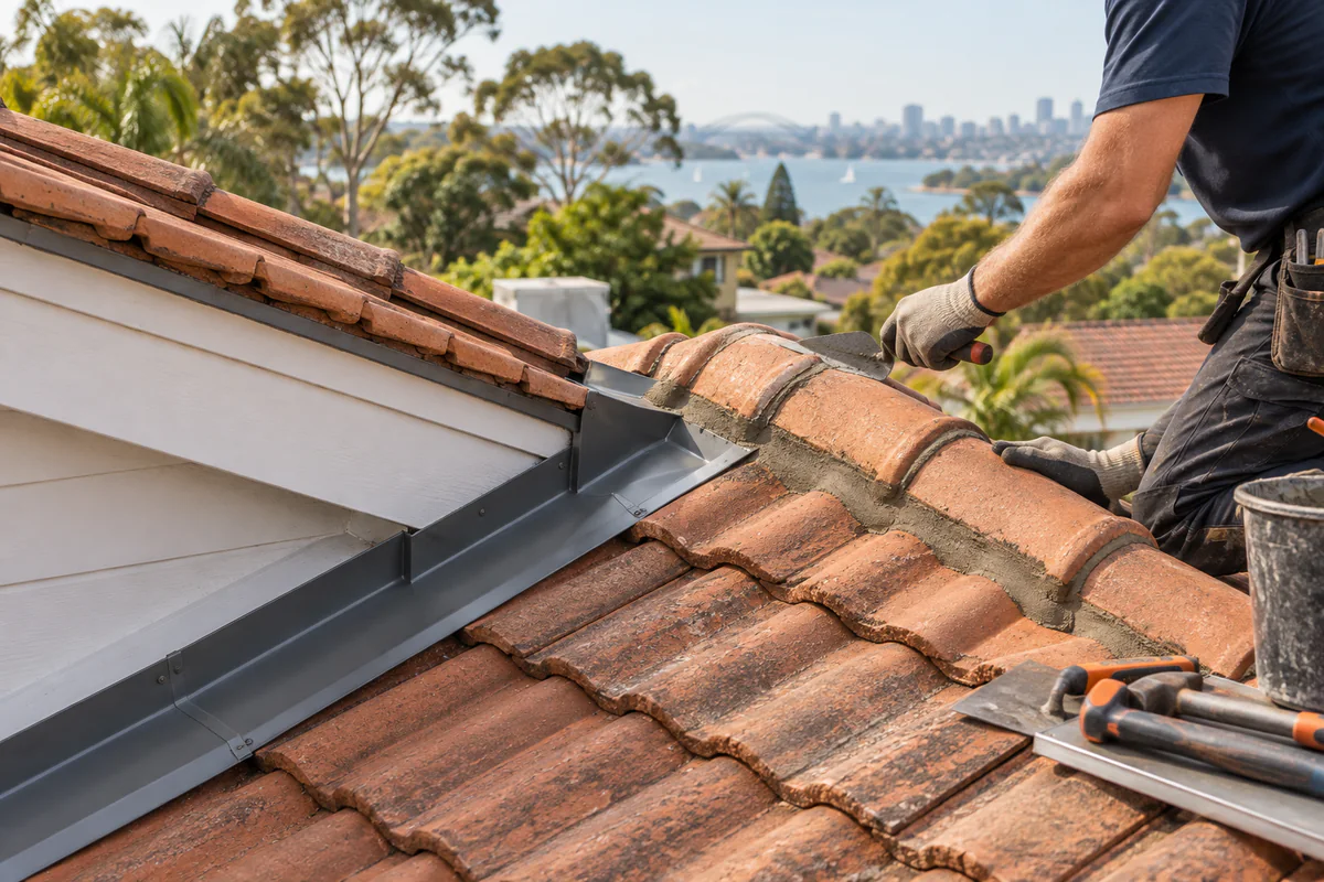 Ridge capping and metal flashing repair on a terracotta roof
