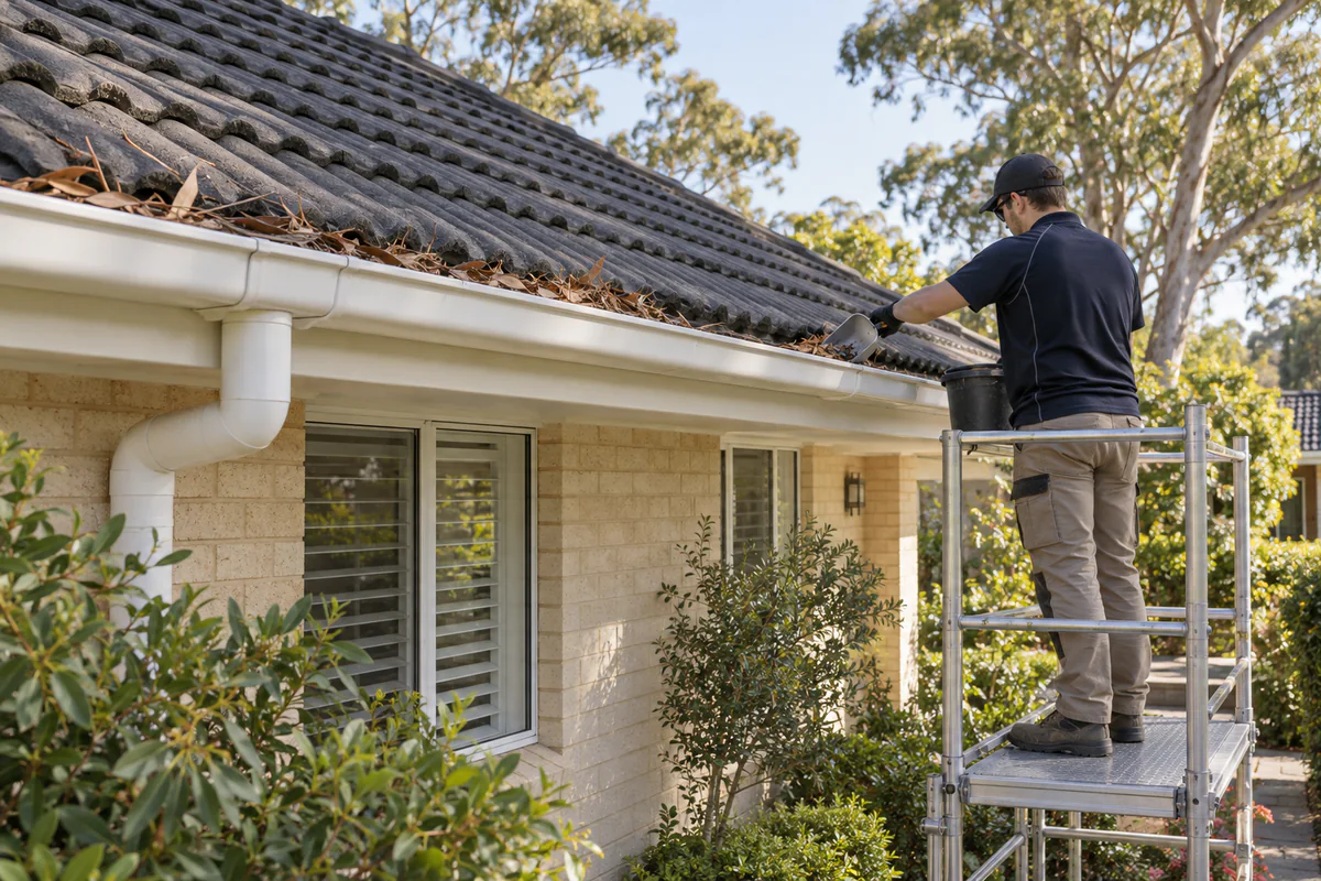 Leaf debris removed from a roof gutter using a mobile scaffold