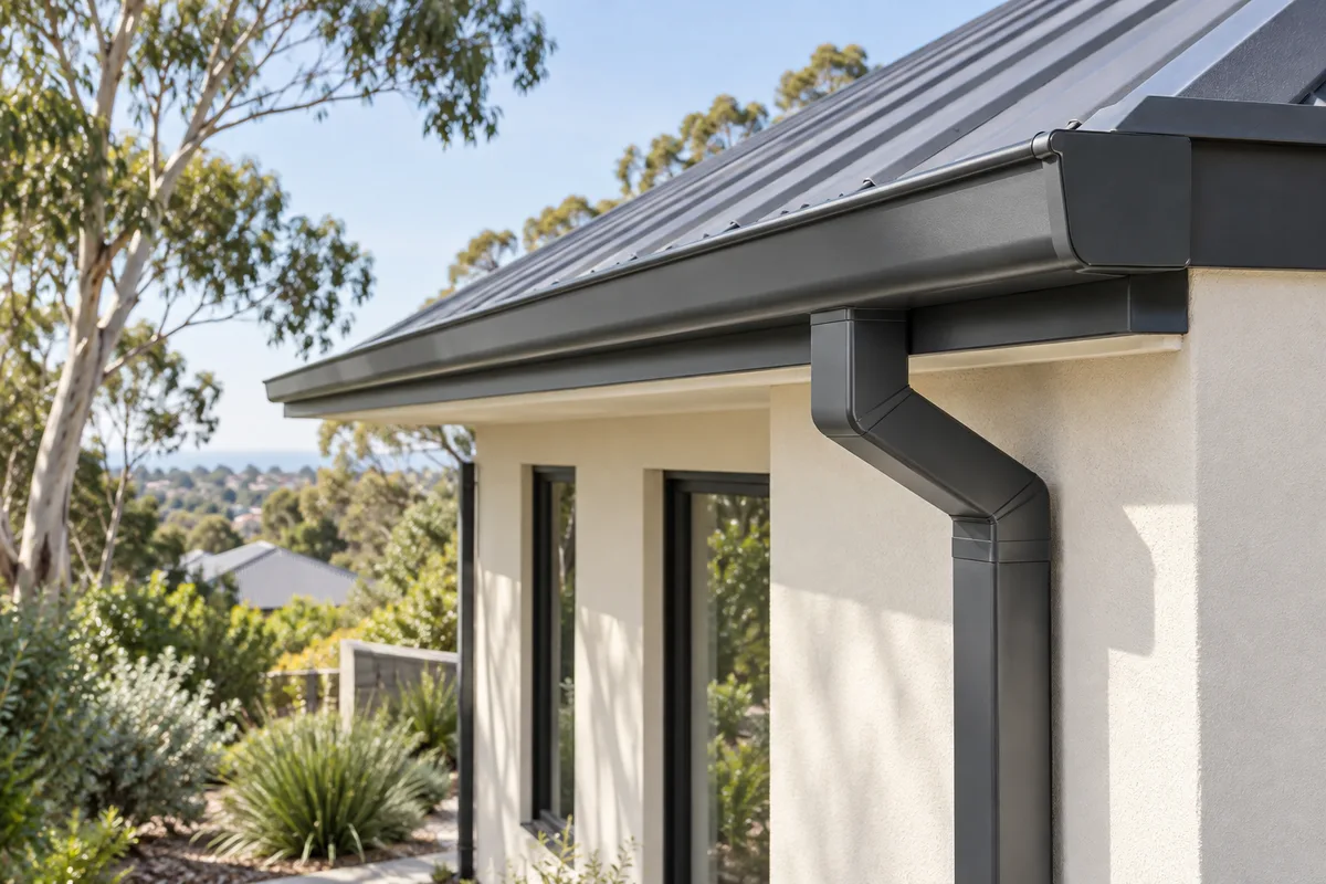Metal roof gutter and downpipe on an Australian home