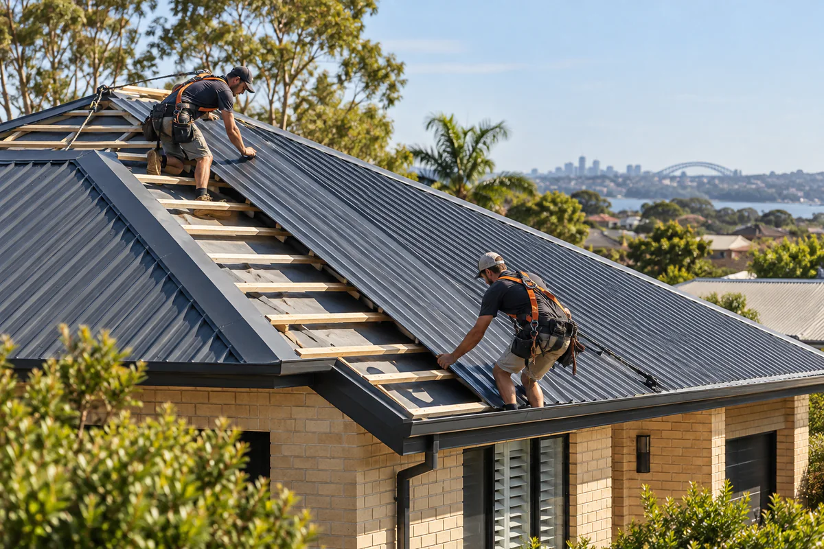 Roofers installing charcoal metal roofing on an Australian home