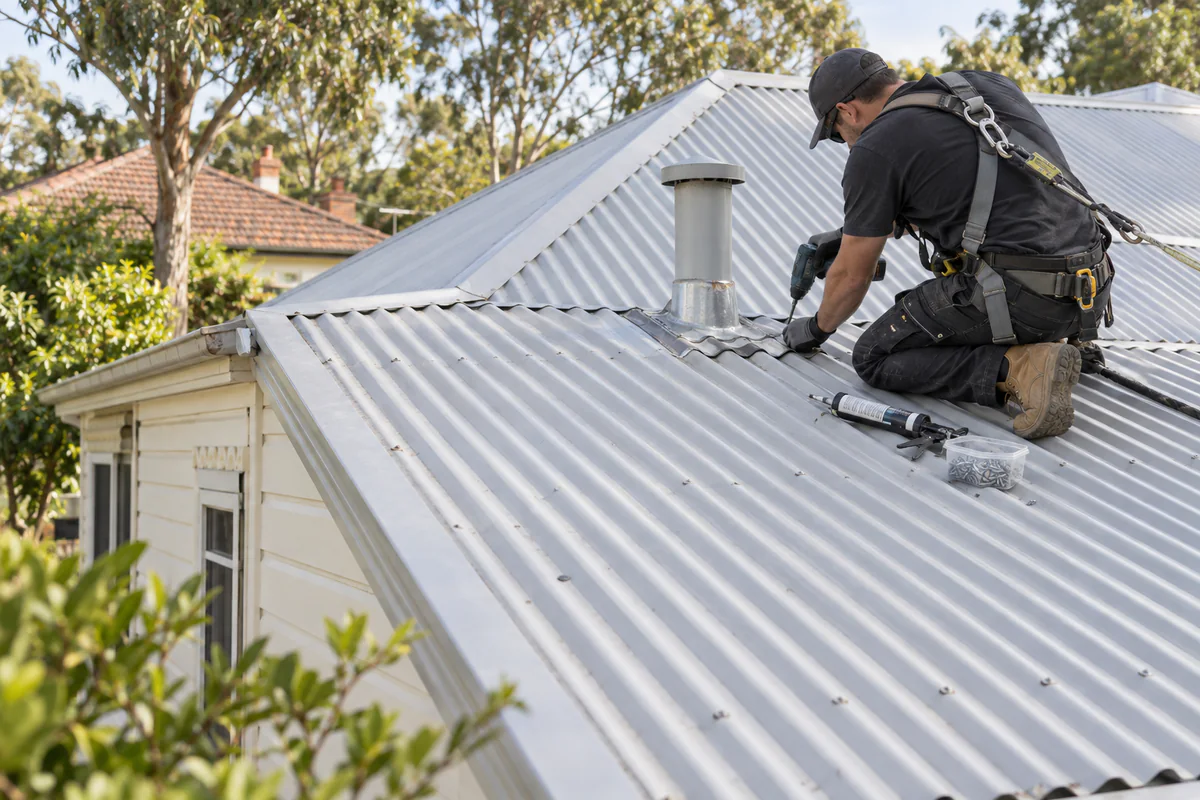 Local fastener and flashing repair on a corrugated metal roof