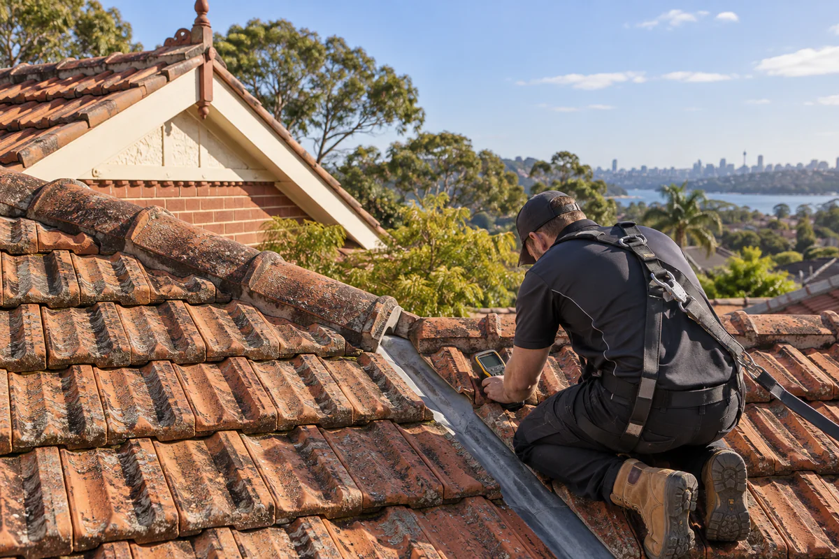 Roof inspection around a tiled valley flashing