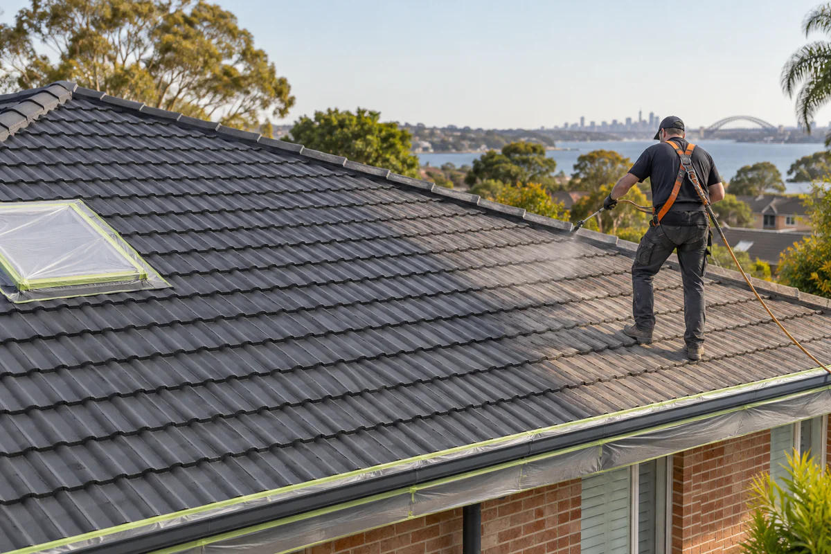 Roof coating applied to a tiled suburban roof