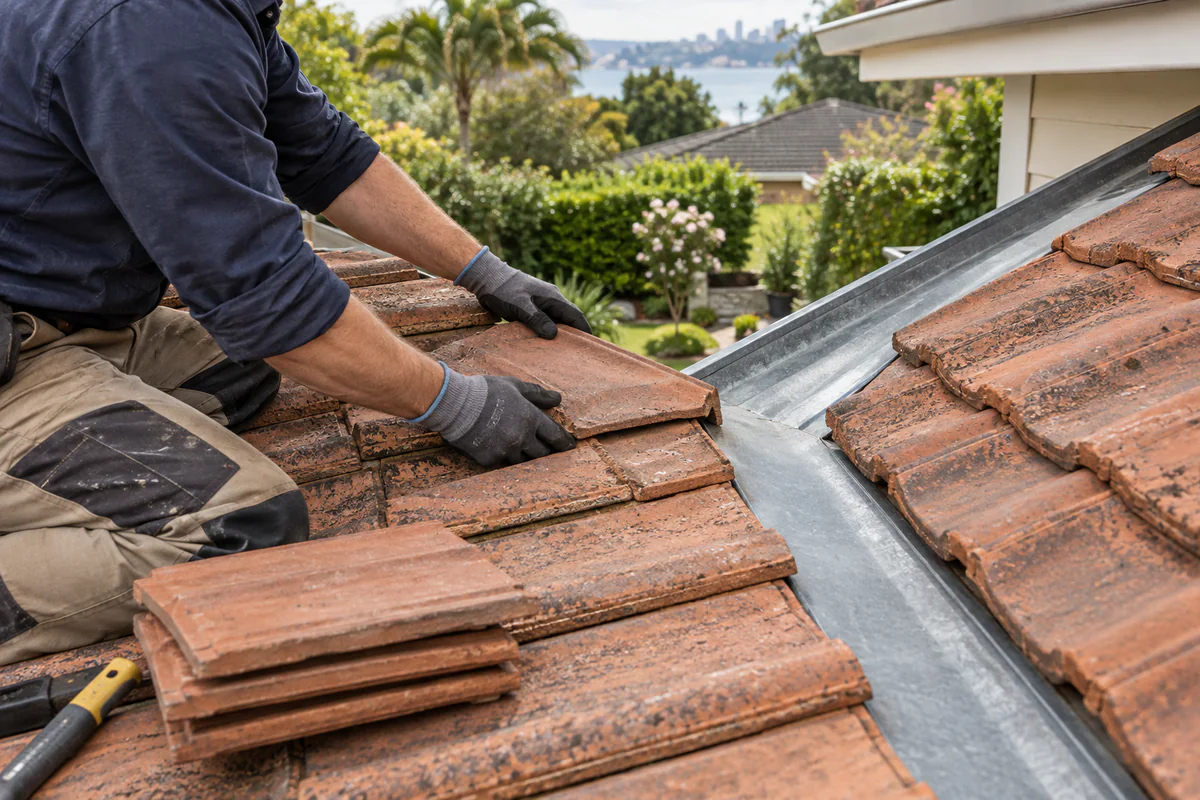 Terracotta roof tile aligned beside a metal valley